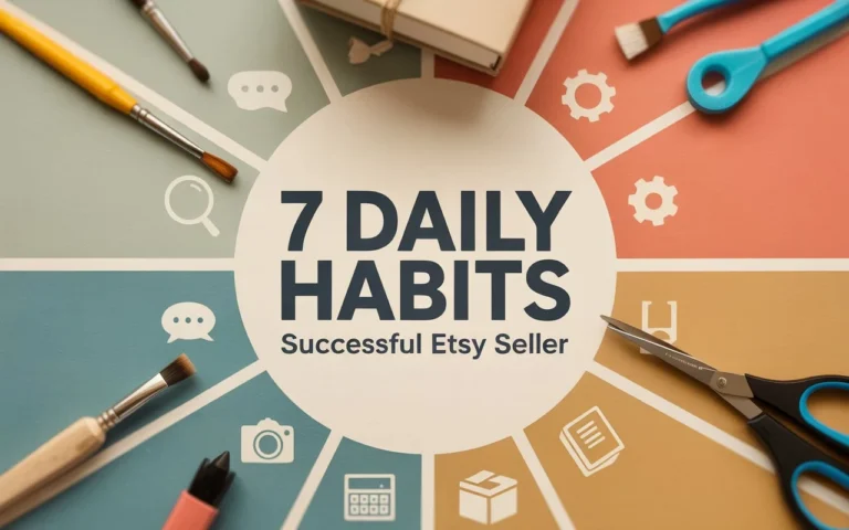 Infographic showing 7 daily habits of successful Etsy sellers including market research, customer service, and business optimization