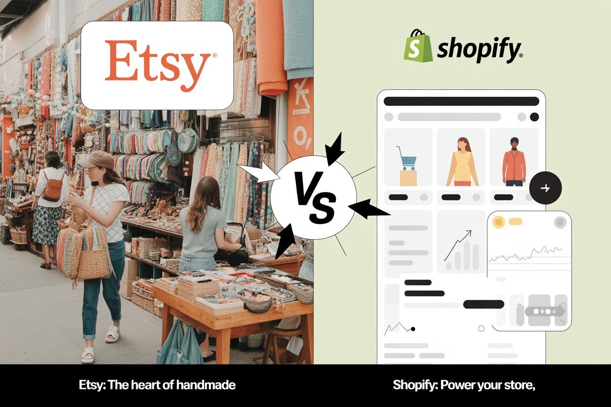 Etsy vs Shopify comparison graphic showing marketplace features versus independent e-commerce platform benefits for creative businesses