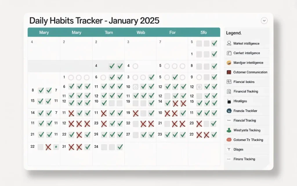 Daily habit tracking calendar showing 7 Etsy seller habits with checkmarks and color coding for consistency monitoring over 30 days