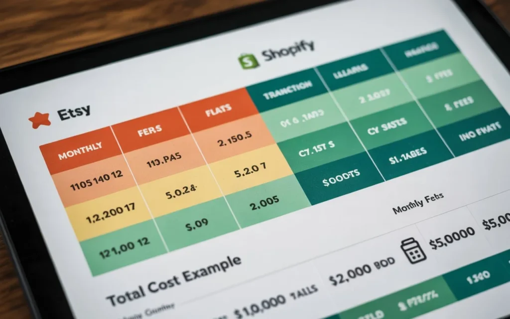 Cost comparison chart showing Etsy vs Shopify fees breakdown with examples for different monthly sales volumes