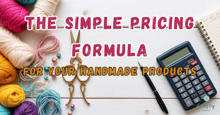 "Flat lay of colorful yarn, beads, golden scissors, calculator, pen, and notebook on a white wooden surface, representing a crafter planning product pricing."