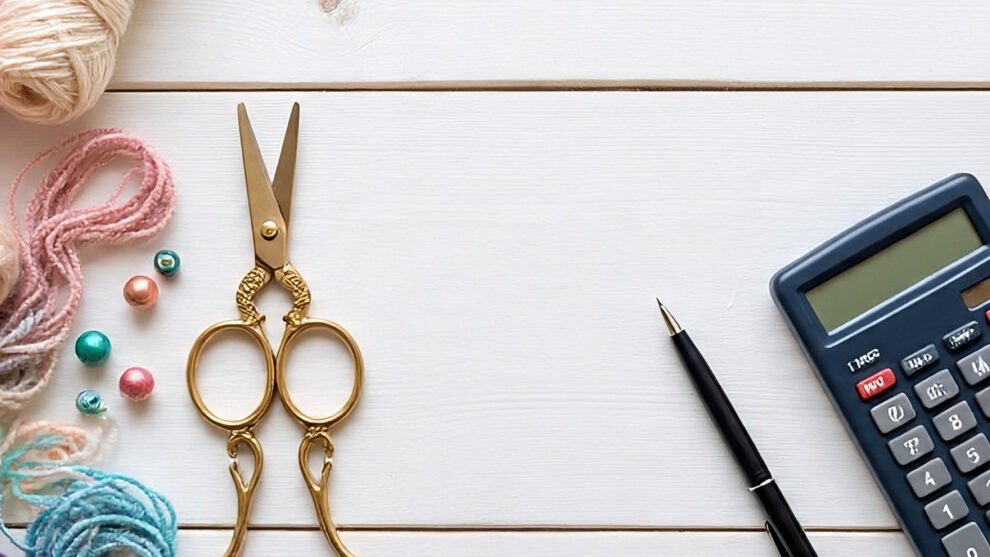"Flat lay of colorful yarn, beads, golden scissors, calculator, pen, and notebook on a white wooden surface, representing a crafter planning product pricing."