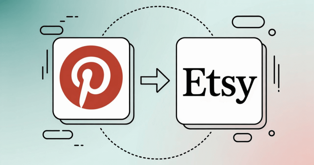 A clean graphic showing the Pinterest logo and the Etsy logo connected by a dotted line with an arrow, symbolizing how to use Pinterest for Etsy to drive massive, free traffic to your shop. 