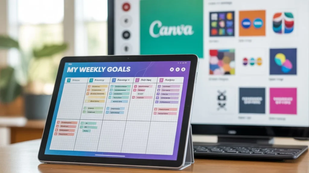 Professional digital planner displayed on tablet screen with Canva design interface showing how to create digital planners in Canva
