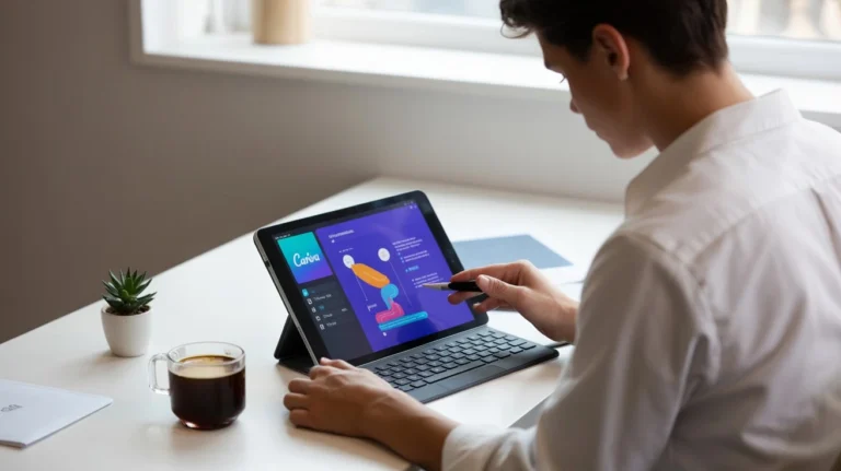 Professional digital planner displayed on tablet screen with Canva design interface showing how to create digital planners in Canva