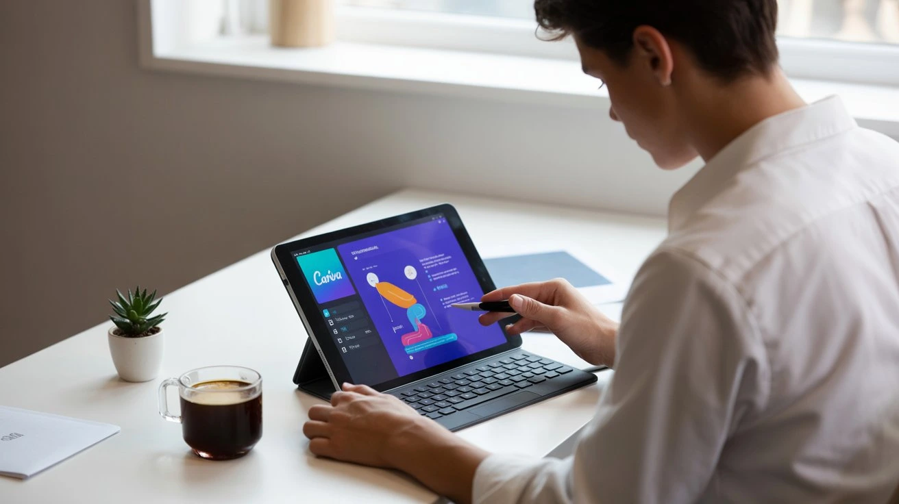 Professional digital planner displayed on tablet screen with Canva design interface showing how to create digital planners in Canva