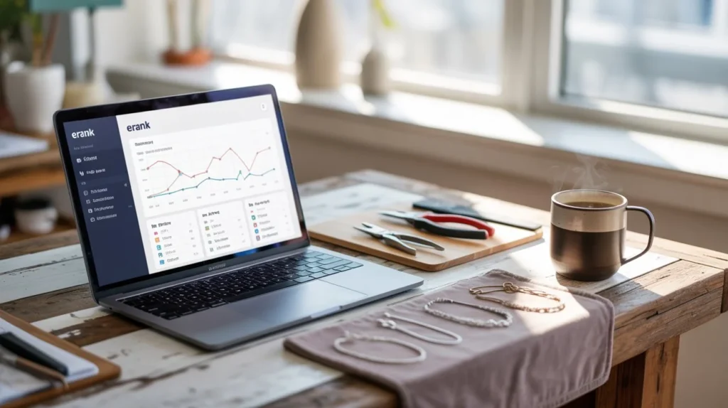 eRank dashboard interface for Etsy SEO optimization showing keyword research tools and analytics 