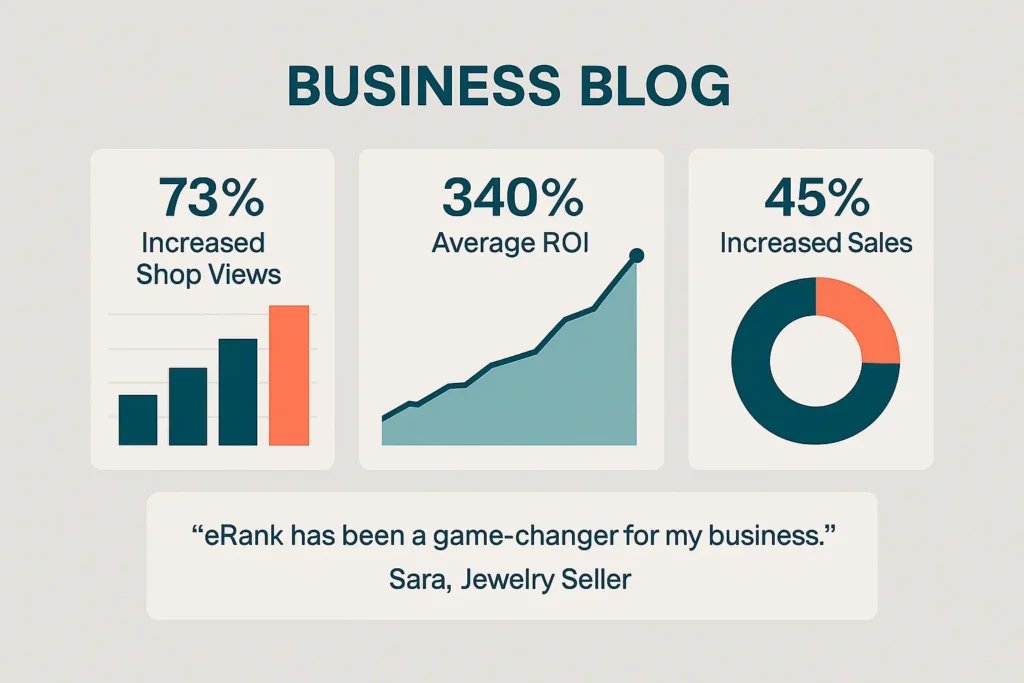 eRank user success statistics showing increased views, sales and ROI for Etsy sellers