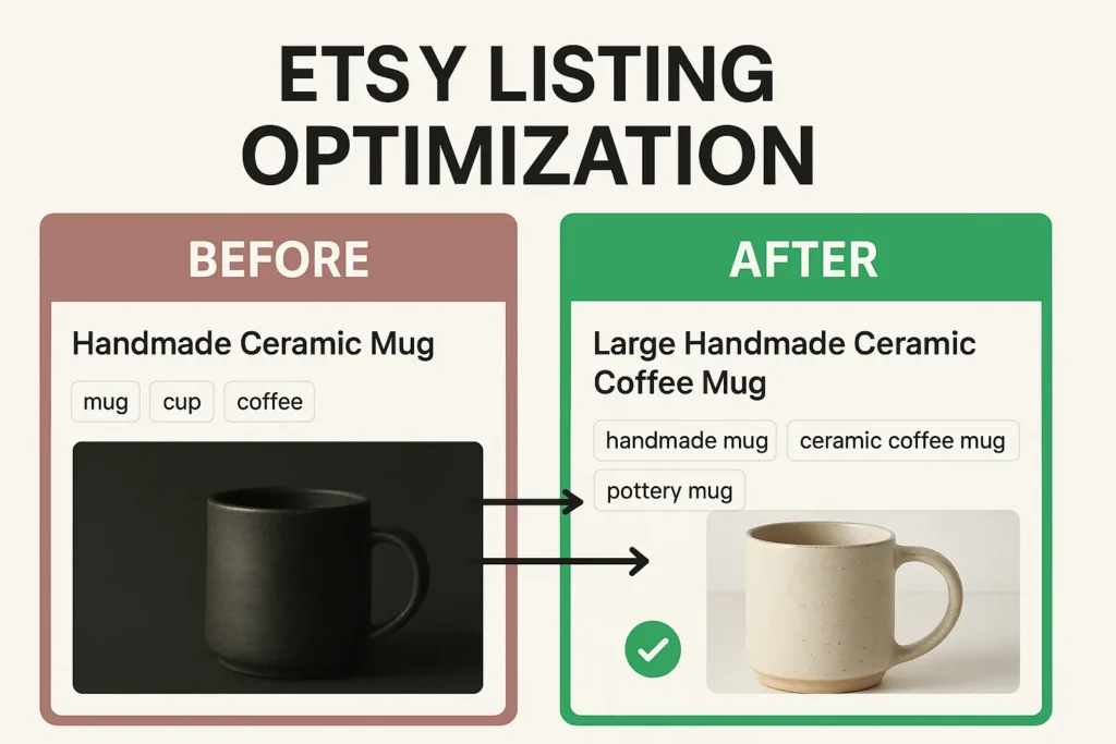 A split-screen image showing an Etsy listing before and after using eRank, with arrows pointing to an improved title and tags, demonstrating if eRank is worth it.