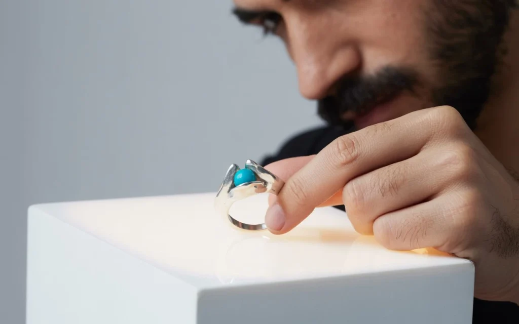 Woman taking professional product photo of handmade jewelry with smartphone on lightbox