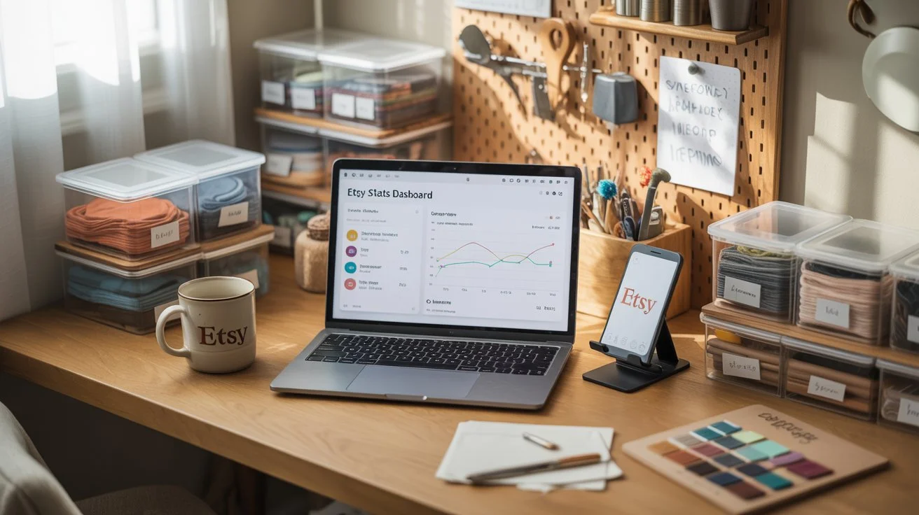 A close-up view of an Etsy seller's statistics dashboard, showing high revenue and visitor graphs, illustrating the results of a profitable digital product strategy.