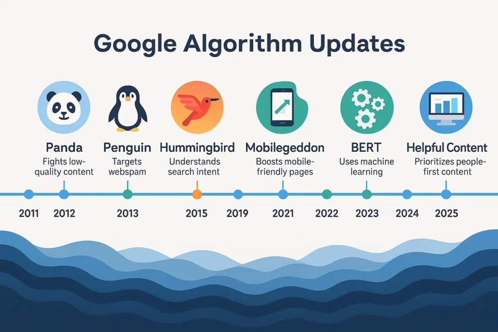 Timeline of major Google algorithm updates from Panda to 2025 showing evolution of search ranking factors