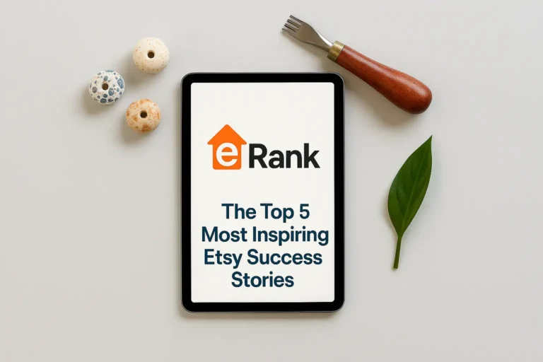 A flat lay image showing a tablet with the eRank logo, surrounded by crafting tools, answering the question: is eRank worth it for Etsy sellers in 2025?
