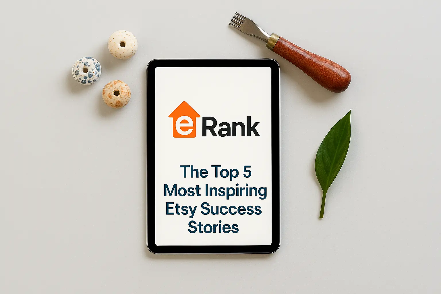 A flat lay image showing a tablet with the eRank logo, surrounded by crafting tools, answering the question: is eRank worth it for Etsy sellers in 2025?
