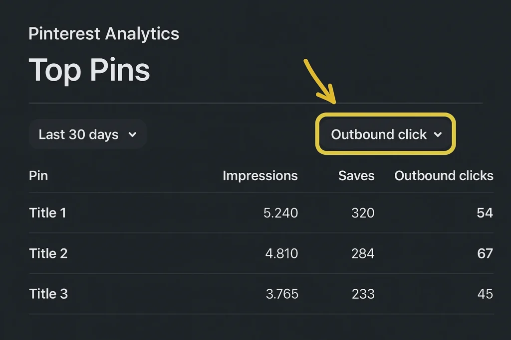 A screenshot of the Pinterest Analytics dashboard showing how to filter Top Pins by Outbound Clicks.