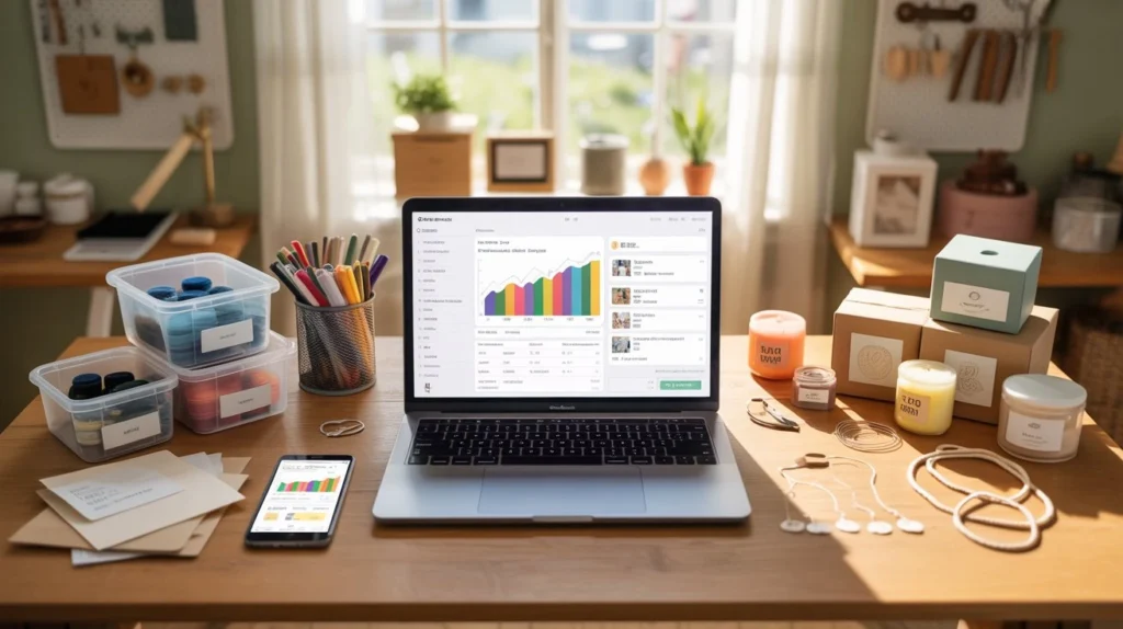 An organized workspace for a beginner implementing profitable Etsy shop ideas, showing a laptop with a sales dashboard, crafting supplies, and organized storage bins.