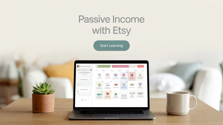 A guide on how to sell digital products on Etsy, showing a laptop with a digital planner on the screen.