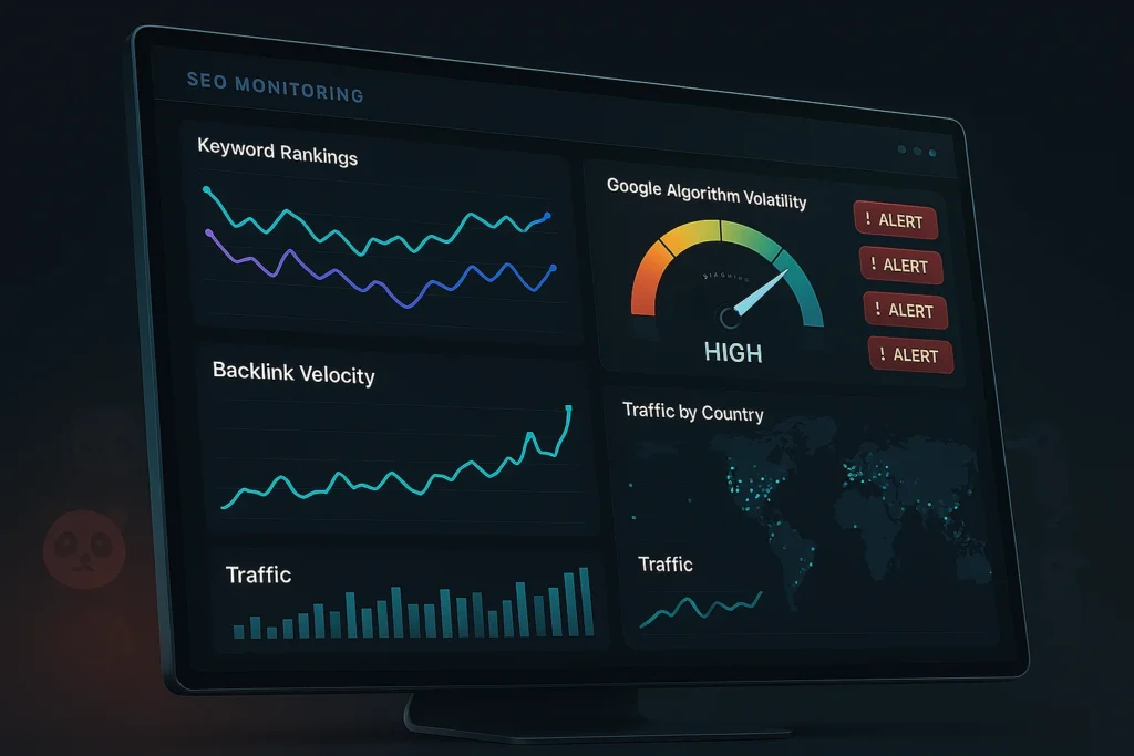 SEO monitoring tools dashboard showing algorithm tracking and website performance analytics