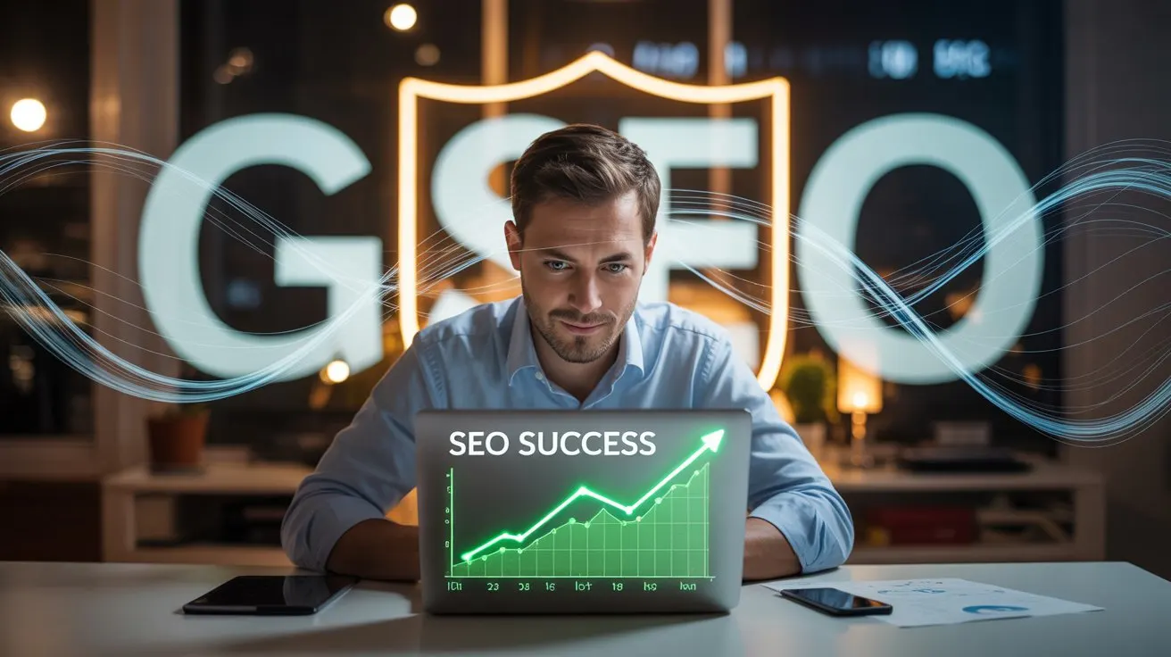 An SEO expert looking at a laptop showing a rising graph labeled "SEO SUCCESS," symbolizing mastering Google's algorithm updates.