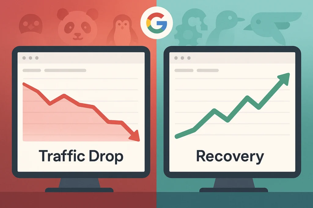 Website analytics showing traffic decline and recovery from Google algorithm update impact