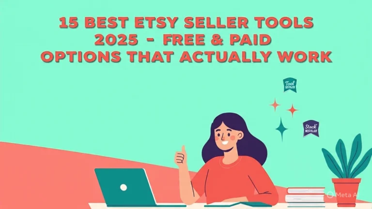 Colorful split-screen illustration showcasing 15 best Etsy seller tools for 2025 — 8 free tools on left (Canva, Erank, Google Trends, etc.), 8 paid tools on right (Marmalead, Alura, Vela, etc.) with ‘VS’ center badge. Includes smiling seller at desk, banner title, and icons. Perfect visual guide for scaling your Etsy shop.