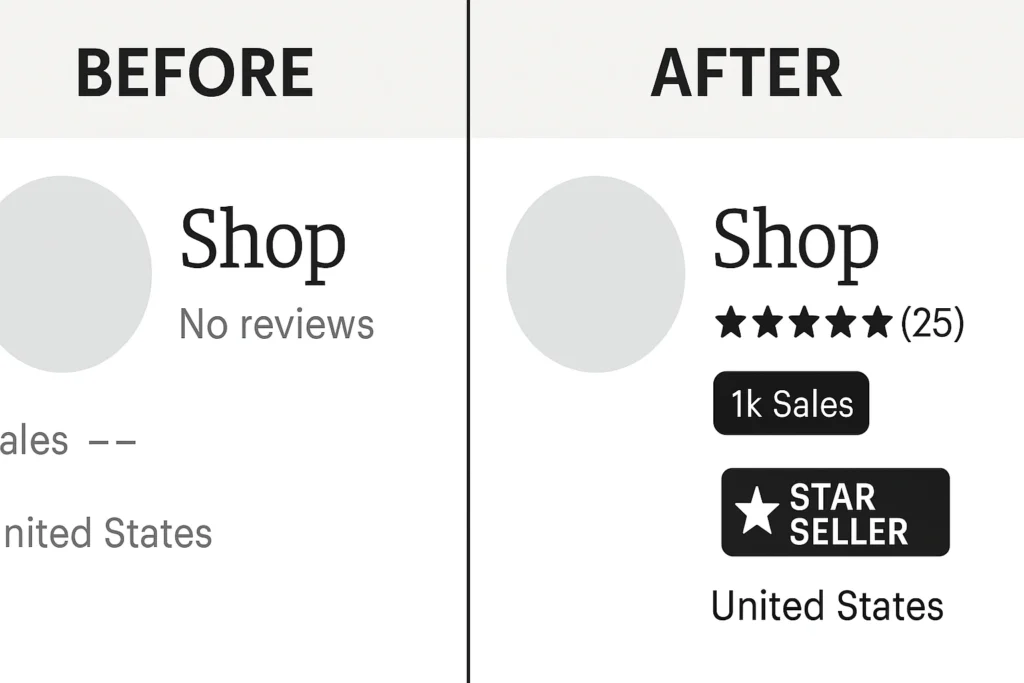 Comparison showing how Etsy reviews transform shop success and increase sales