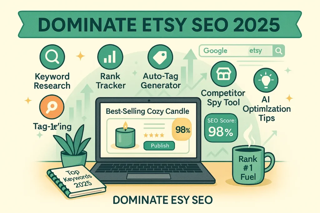 Digital illustration of a top Etsy SEO tool in action: laptop showing optimized listing with 98% SEO score, surrounded by icons for keyword research, rank tracking, auto-tags, competitor analysis, and AI tips. Includes cozy desk with notebook and coffee. Banner reads ‘DOMINATE ETSY SEO 2025’ — perfect for sellers boosting visibility.