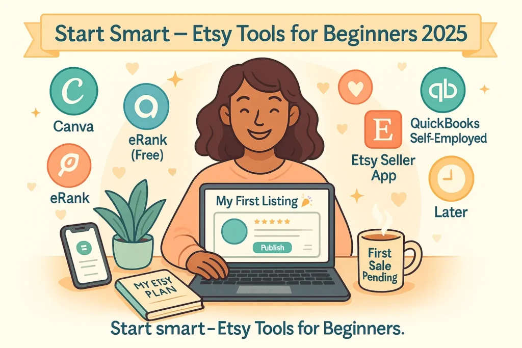 Friendly illustration of a new Etsy seller using 5 essential beginner tools: Canva, Erank, Etsy Seller App, QuickBooks, and Later — shown with cozy home office setup, notebook, coffee mug, and ‘Start Smart 2025’ banner. Perfect visual guide for launching your Etsy shop.